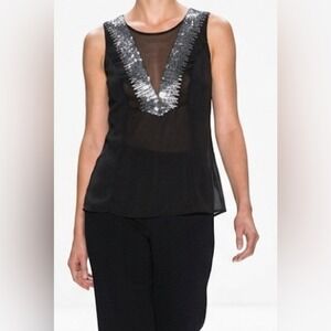 XOXO Womens Black Sequin Mesh Deep V-Neck Sleeveless Blouse Back Zip XL